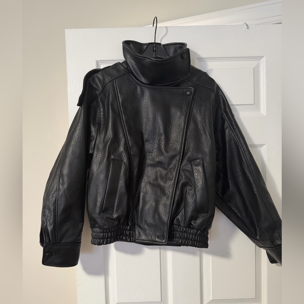 Zara Faux Black Leather-Effect Oversized Biker Jacket - Picture 5 of 8